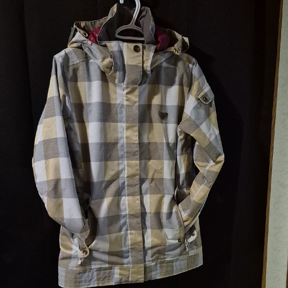 Roxy Womens Jacket Medium Ski Or Snowboard Fit Checkered Parka Tan/grey